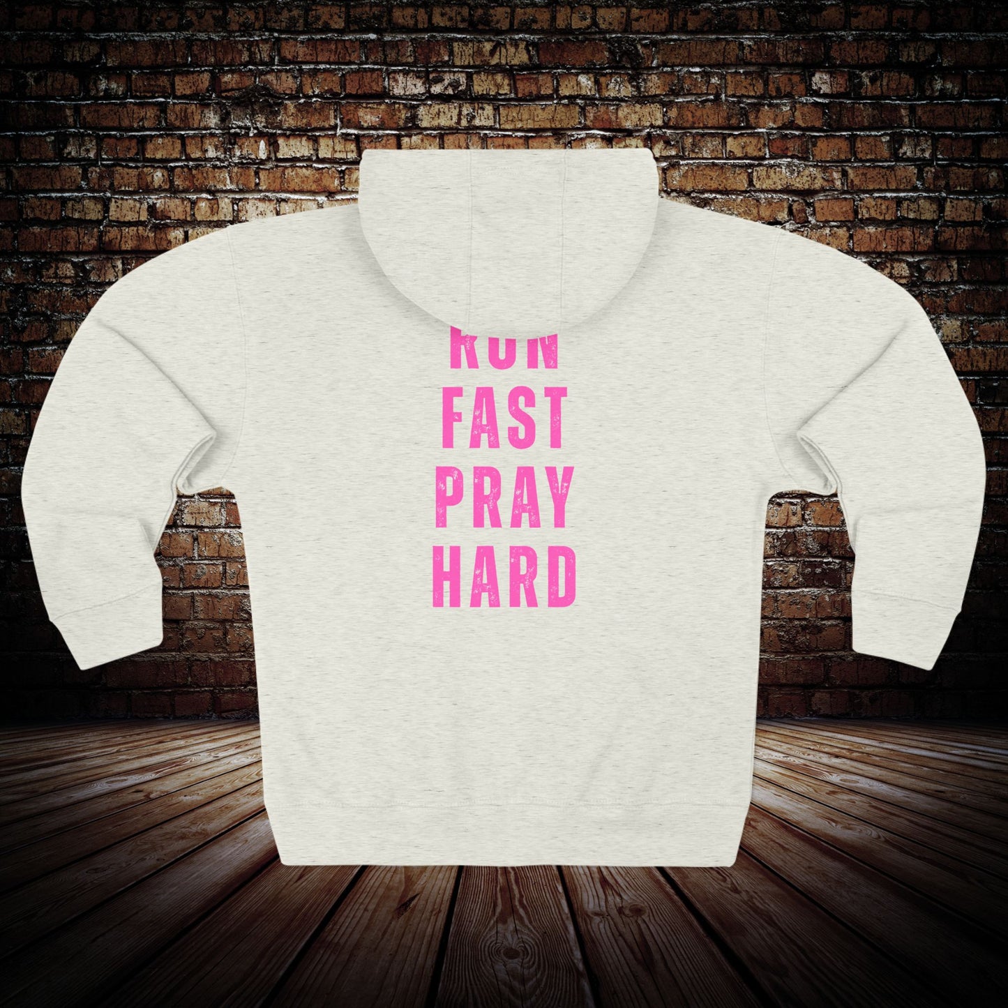 Christian Zip Hoodie - Pink Cross Front & "Run Fast Pray Hard" Back