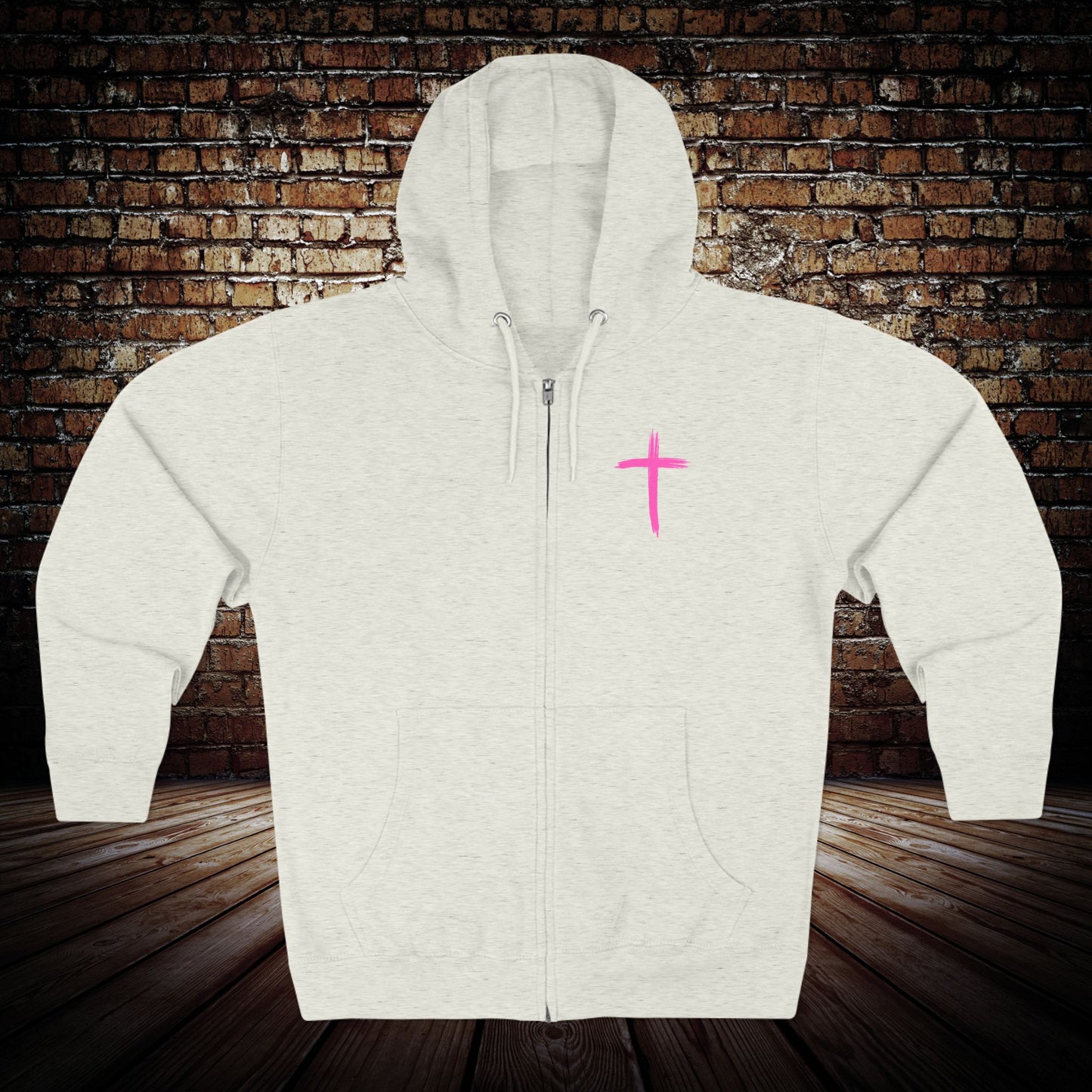 Christian Zip Hoodie - Pink Cross Front & "Run Fast Pray Hard" Back