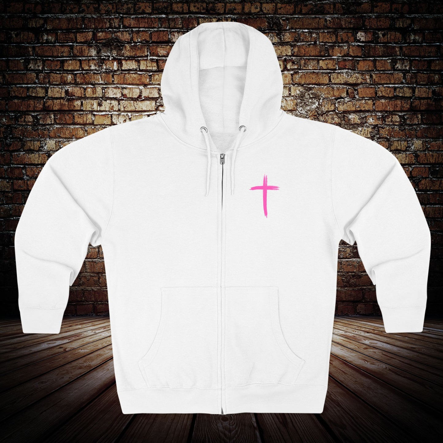 Christian Zip Hoodie - Pink Cross Front & "Run Fast Pray Hard" Back