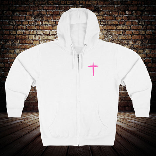 Christian Zip Hoodie - Pink Cross Front & "Run Fast Pray Hard" Back
