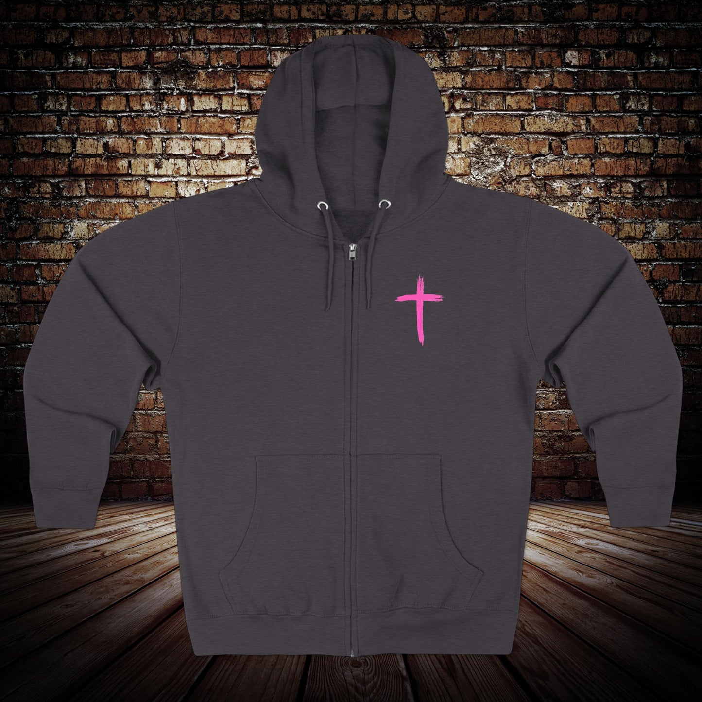 Christian Zip Hoodie - Pink Cross Front & "Run Fast Pray Hard" Back