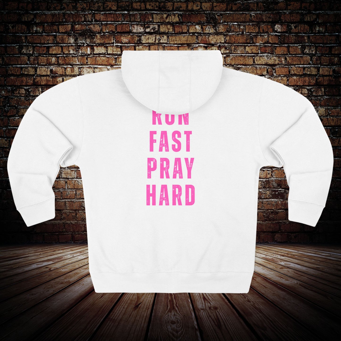 Christian Zip Hoodie - Pink Cross Front & "Run Fast Pray Hard" Back