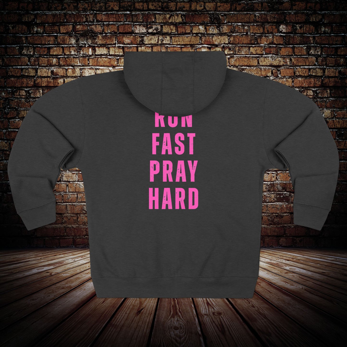 Christian Zip Hoodie - Pink Cross Front & "Run Fast Pray Hard" Back